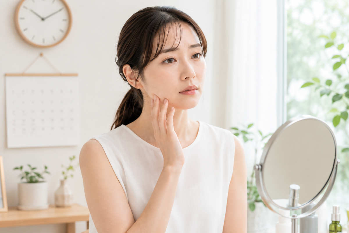 鏡の前で顎に手を添え、エラボトックス後の変化を確認する女性。背景には時計とカレンダーがあり、効きすぎた状態の経過を見守る様子を表現しています。