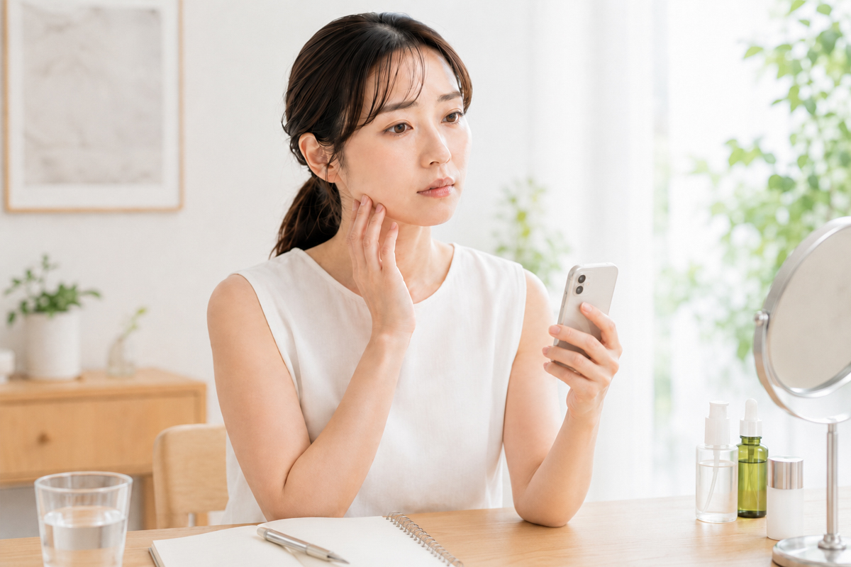 明るい室内で、スマートフォンを見ながら顎に手を添え、エラボトックス後の変化を記録・確認する女性。