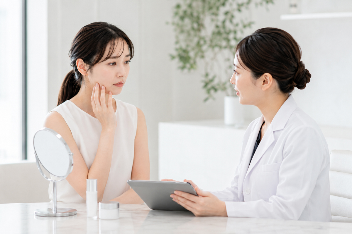 明るい美容クリニックの診察室で、顎に手を添えながらエラボトックス後の違和感を女性医師に相談する女性と、タブレットを見ながら説明する医師。
