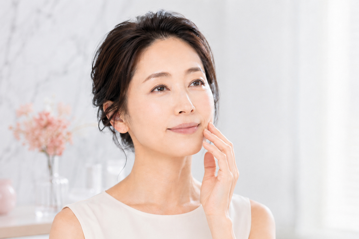 40代女性が口元に手を添え、ほうれい線や細かなシワを確認している美容医療コラム用の中見出し画像。