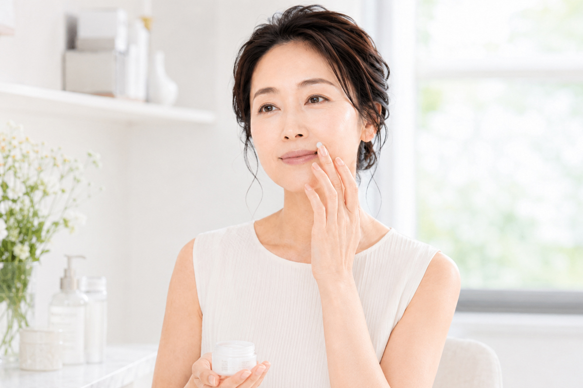 40代女性が明るい洗面空間で保湿クリームを手に取り、口元にやさしくなじませている中見出し画像。