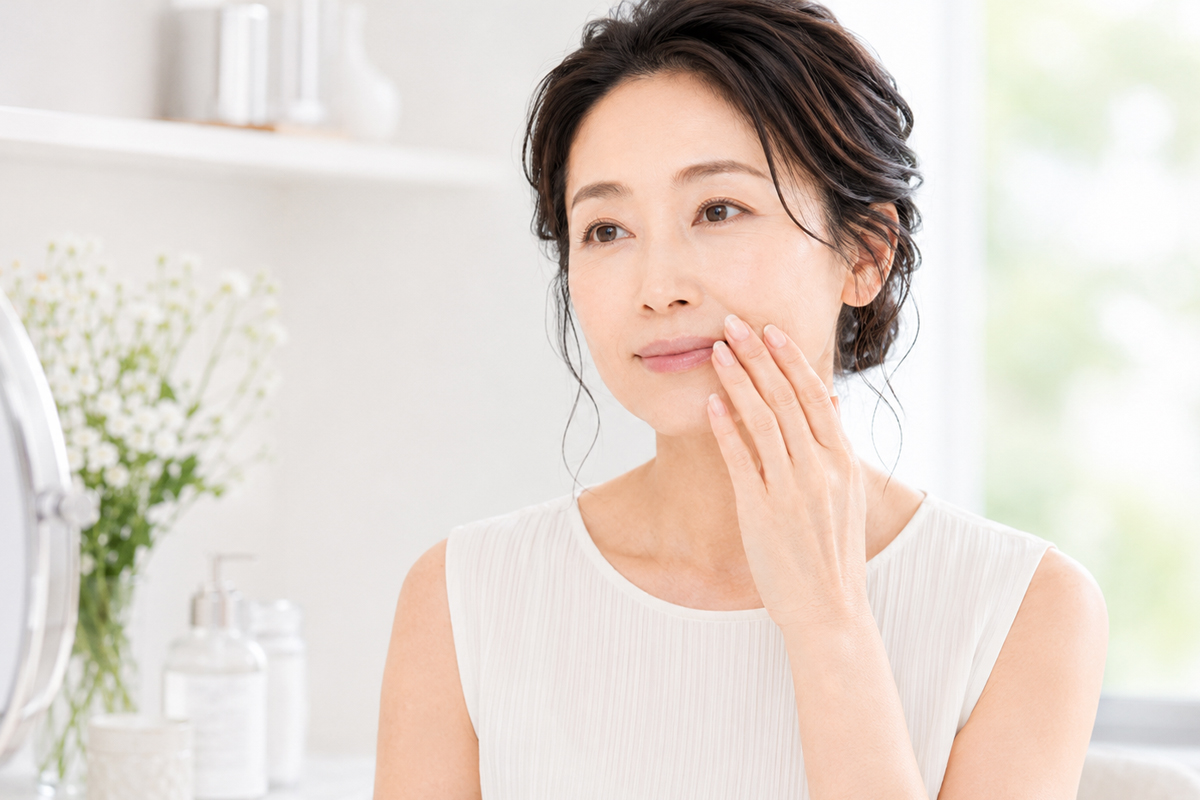 40代女性が明るい洗面空間で口元にやさしく手を添え、セルフマッサージのように口周りを確認している中見出し画像。