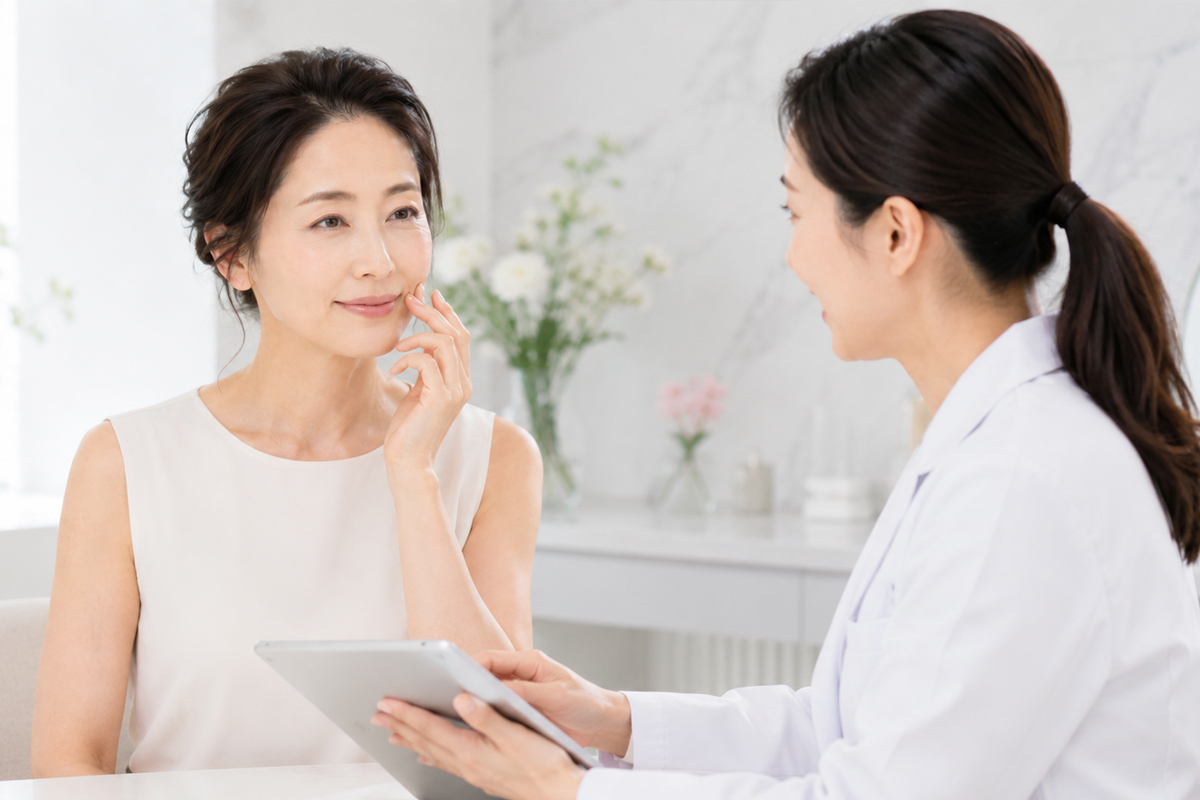 40代女性が美容クリニックで医師と向かい合い、タブレットを見ながら口元のシワ改善について相談している中見出し画像。