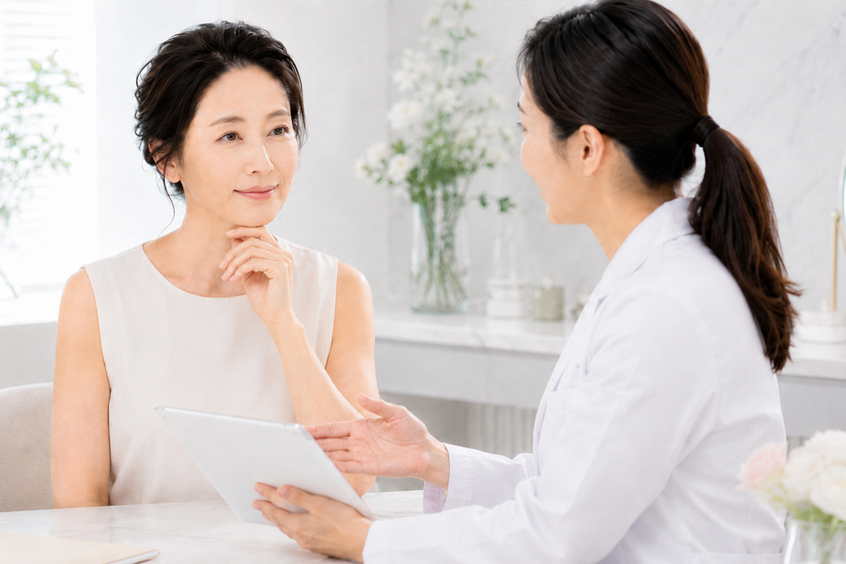 40代女性が美容クリニックで医師と向かい合い、タブレットを見ながら口元のシワ治療について相談している中見出し画像。