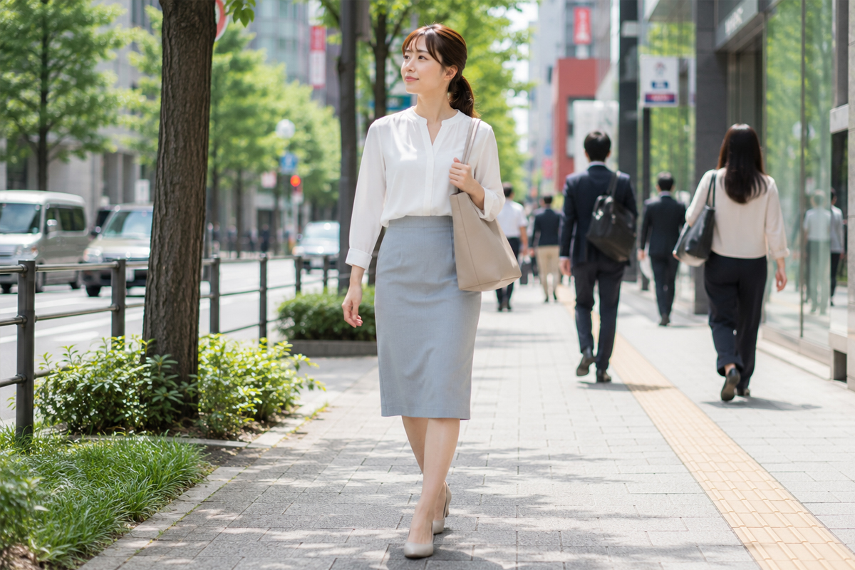 通勤中の人が行き交う都会の歩道を歩く、白いブラウスと淡いブルーグレーのスカート姿の女性。