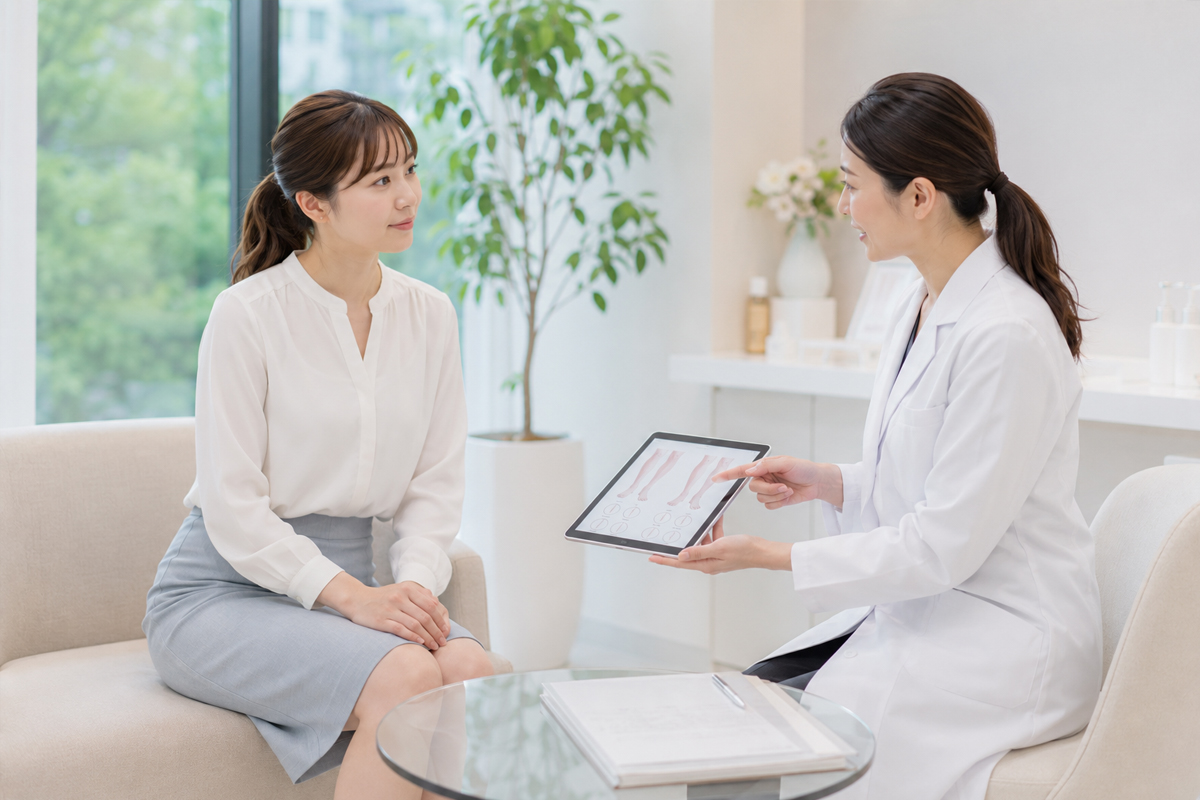 医師がタブレットを使い、ふくらはぎのタイプに合った医療施術について女性へ説明するカウンセリング風景。