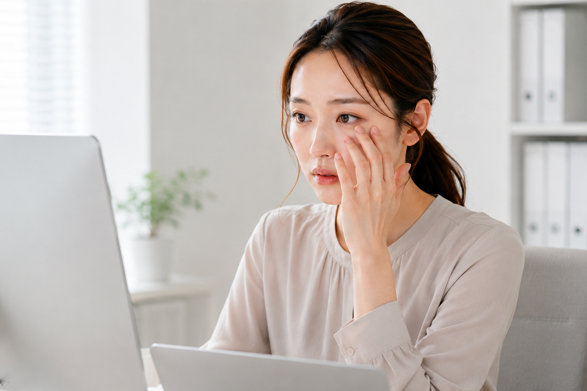 デスクでパソコン画面を見ている女性が、目の下の乾燥を気にするように片手で目元に触れている。