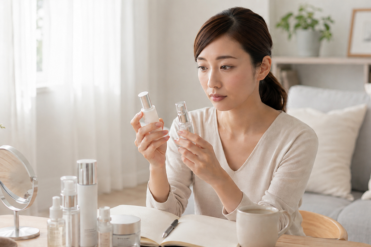 自宅で女性が複数のスキンケア用品を手に取り、目元の乾燥ケアに使うアイテムを見比べている画像。
