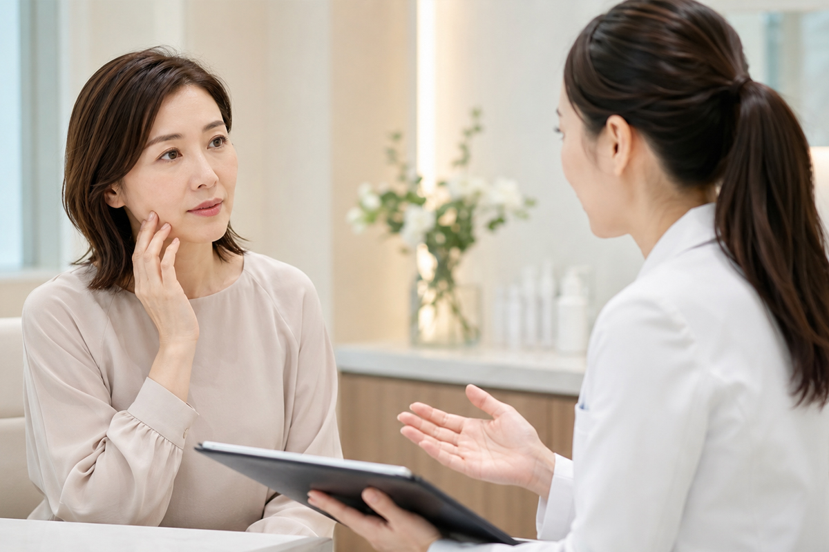 美容クリニックの診察室で、女性が頬に手を添えながら、白衣を着たスタッフの説明を聞いている。