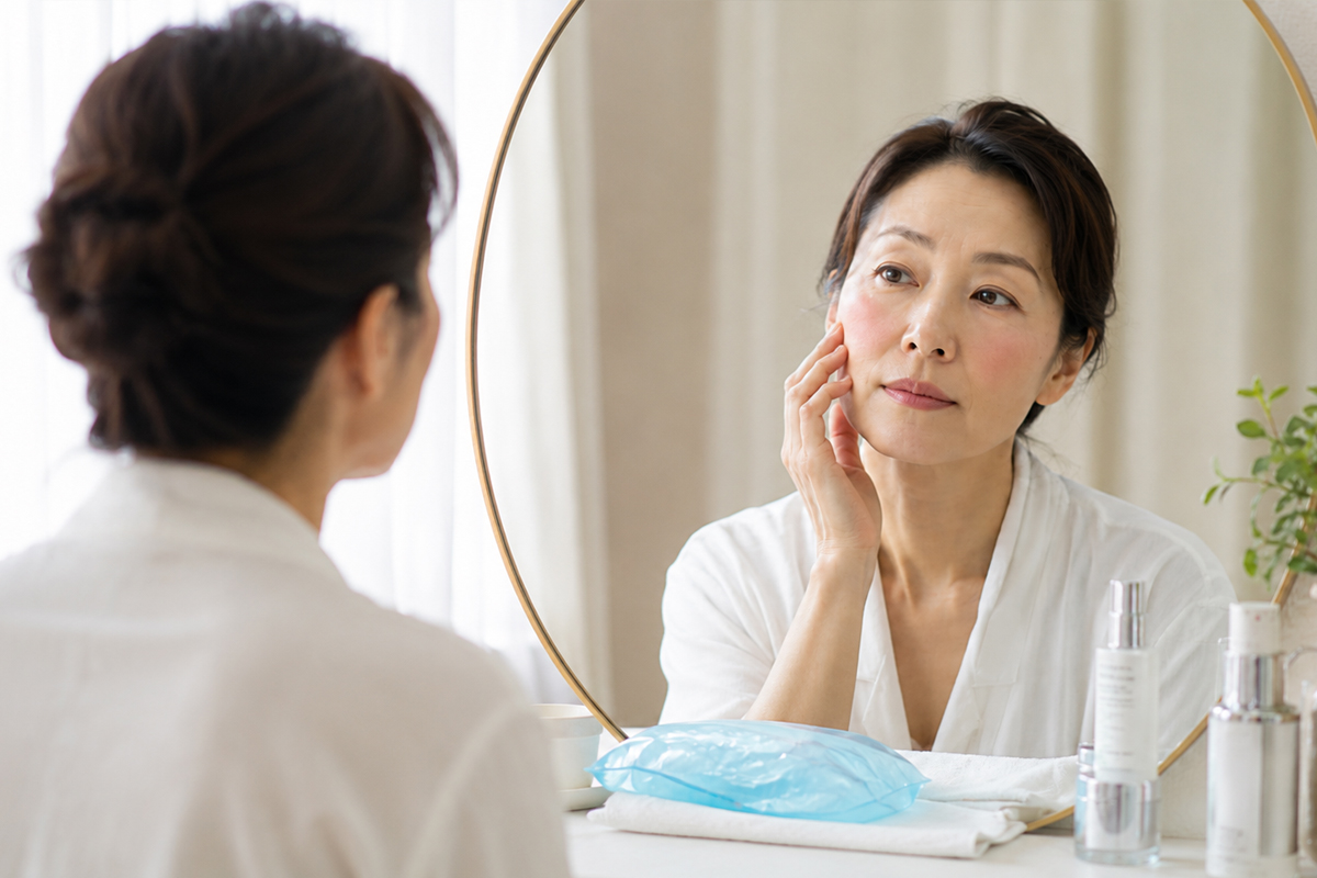白いガウンを着た40代の女性が、洗面台の前で鏡を見ながら頬に手を添え、施術後の赤みや肌の状態を確認している様子。