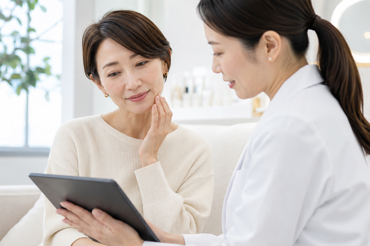 40代の女性が美容クリニックで頬に手を添えながら、白衣を着たスタッフと一緒にタブレットを確認している。
