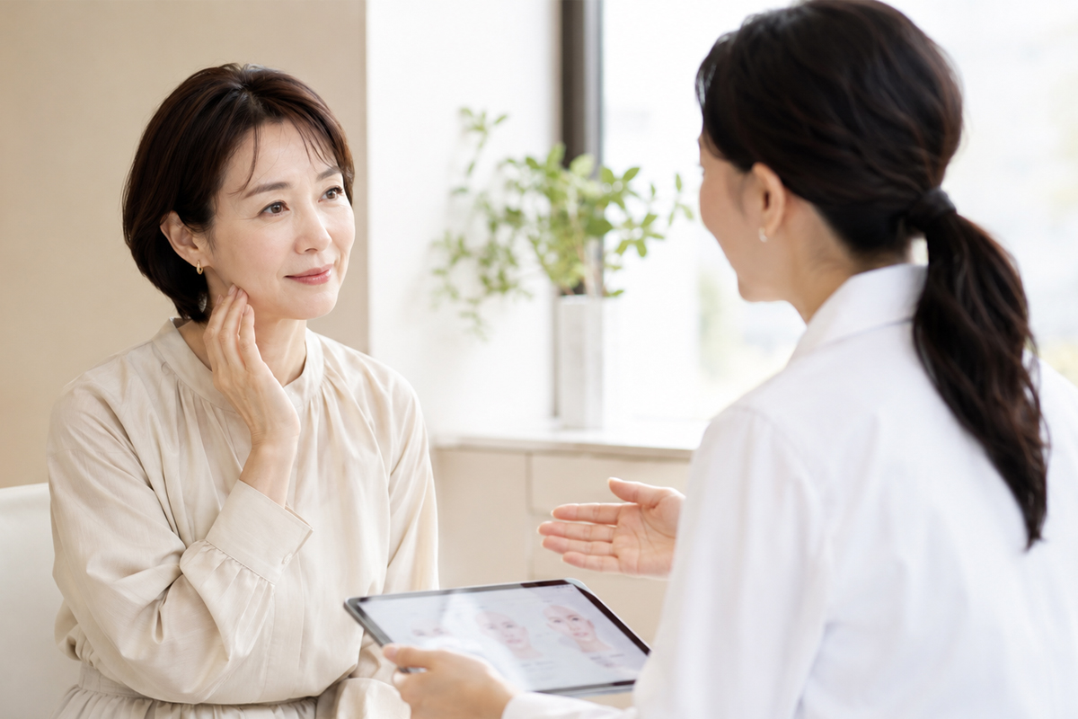40代の女性が美容クリニックの明るい診察室で頬に手を添えながら、白衣を着たスタッフからタブレットを使った説明を受けている。