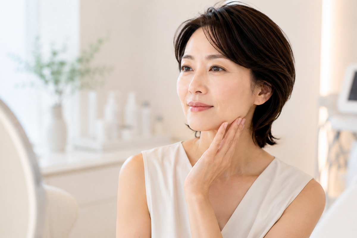 明るく清潔感のある美容クリニックの空間で、白いノースリーブのトップスを着た40代の女性が、鏡を見ながらフェイスラインに手を添えている。
