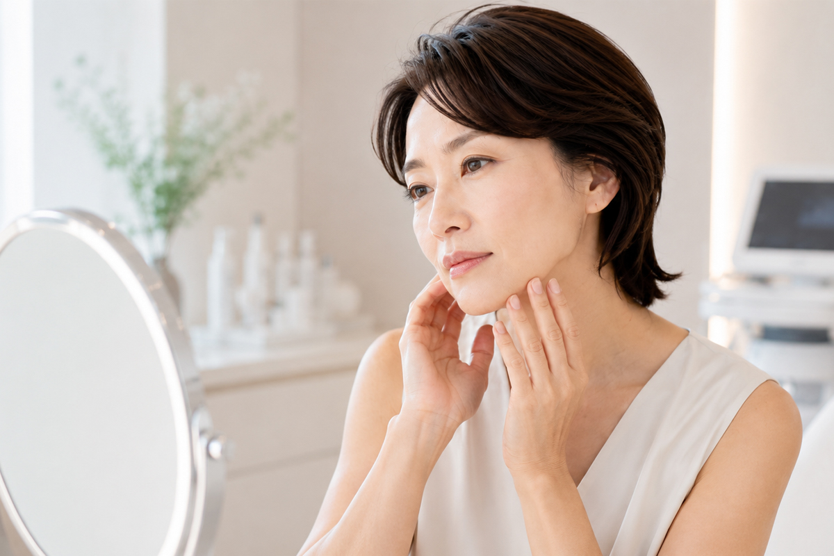 明るく清潔感のある美容クリニックの空間で、白いノースリーブのトップスを着た40代の女性が、鏡を見ながら両手でフェイスラインと首元に触れている。