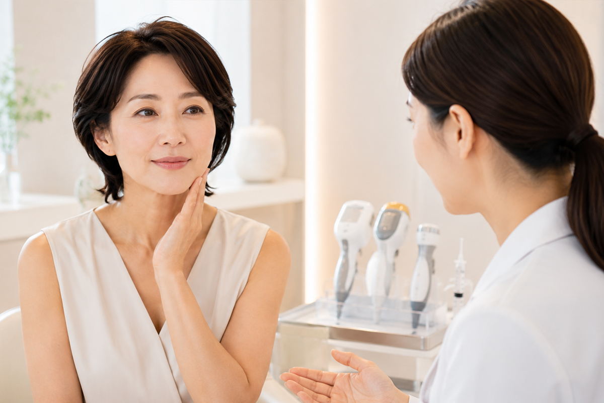 明るく清潔感のある美容クリニックで、白いノースリーブのトップスを着た40代の女性がフェイスラインに手を添えながら、白衣の女性医師の説明を聞いている。