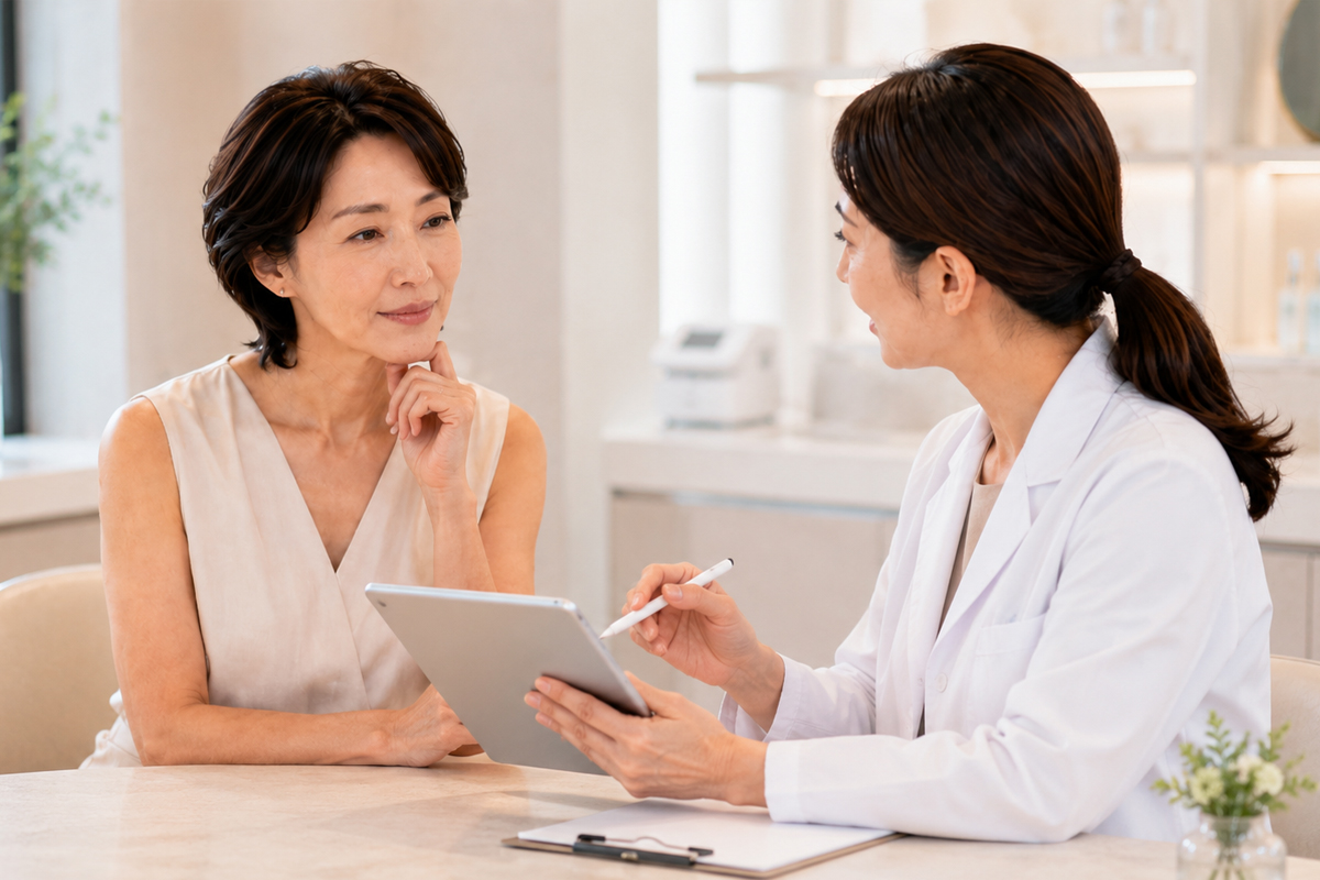 明るく清潔感のある美容クリニックで、40代の女性が白衣の女性医師からタブレットを使った説明を受けている。女性はあごに手を添えながら話を聞いており、施術選びのカウンセリングを受けている様子。