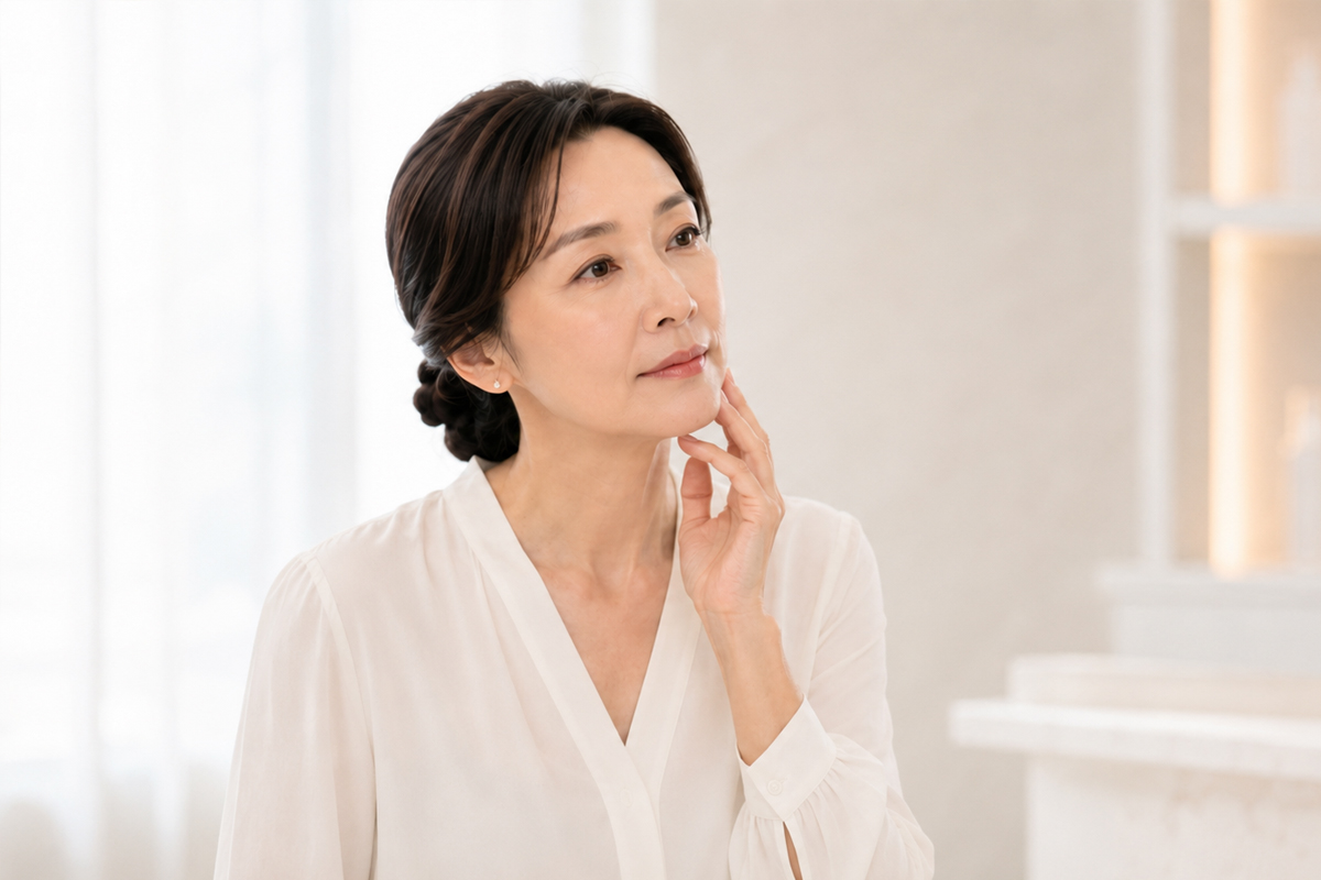 白いブラウスを着た40代くらいの女性が、明るく清潔感のある白基調の空間でフェイスラインにそっと手を添え、たるみの状態を気にするように前方を見つめている。