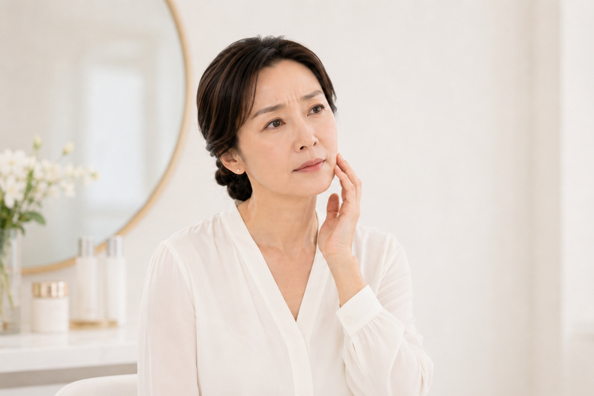 白いブラウスを着た40代くらいの女性が、明るく清潔感のある白基調の空間で頬に手を添え、糸リフトへの不安やたるみの悩みを考えているような表情をしている。