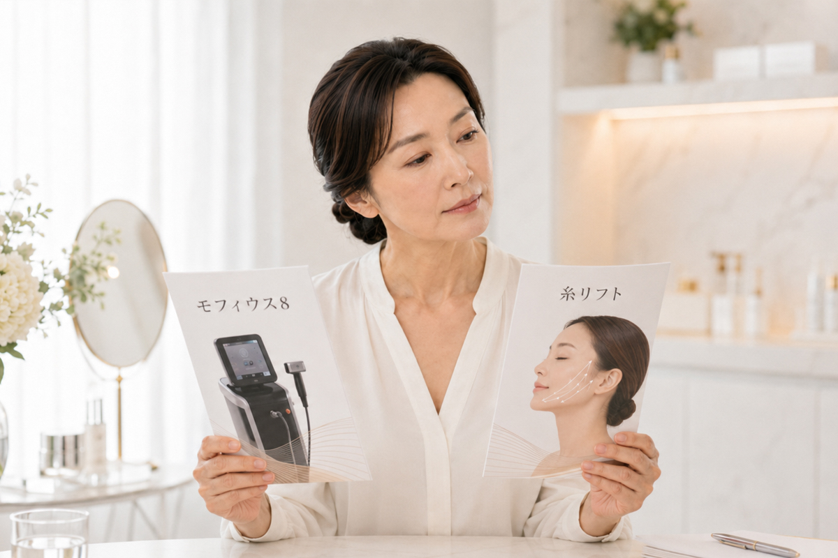 白いブラウスを着た40代くらいの女性が、明るく清潔感のある美容クリニックのような空間で、左手に「モフィウス8」、右手に「糸リフト」と書かれた2冊のパンフレットを持ち、見比べるように視線を向けている。