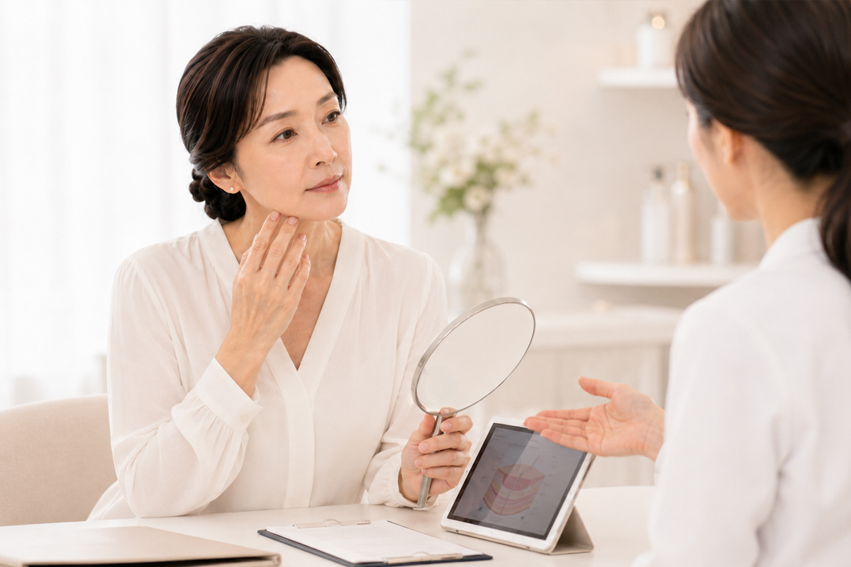 白いブラウスを着た40代くらいの女性が、美容クリニックのカウンセリングで手鏡を持ちながらフェイスラインに手を添えている。