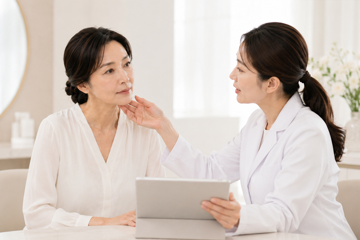 白いブラウスを着た40代くらいの女性が、明るく清潔感のある美容クリニックで医師の診察を受けている。