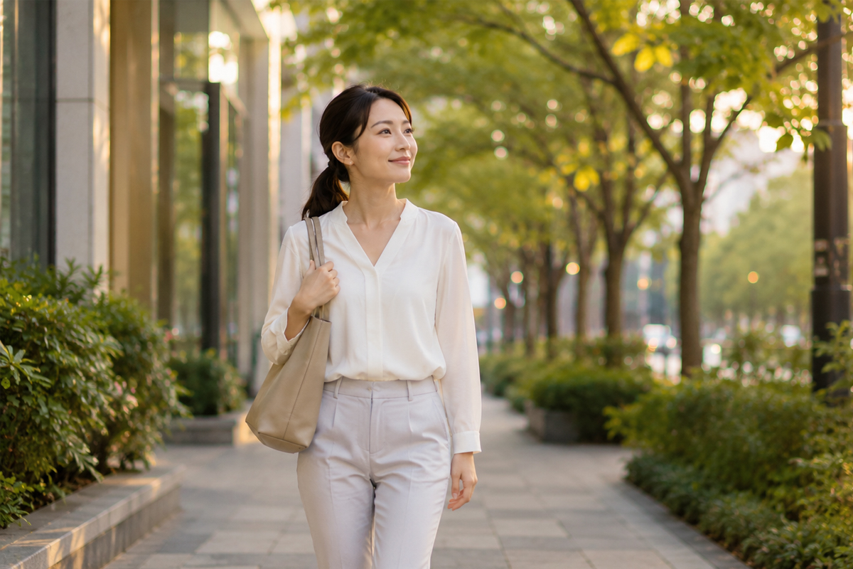 白いブラウスと淡い色のパンツを着た女性が、バッグを肩にかけて緑の多い街路を仕事帰りに歩いている。