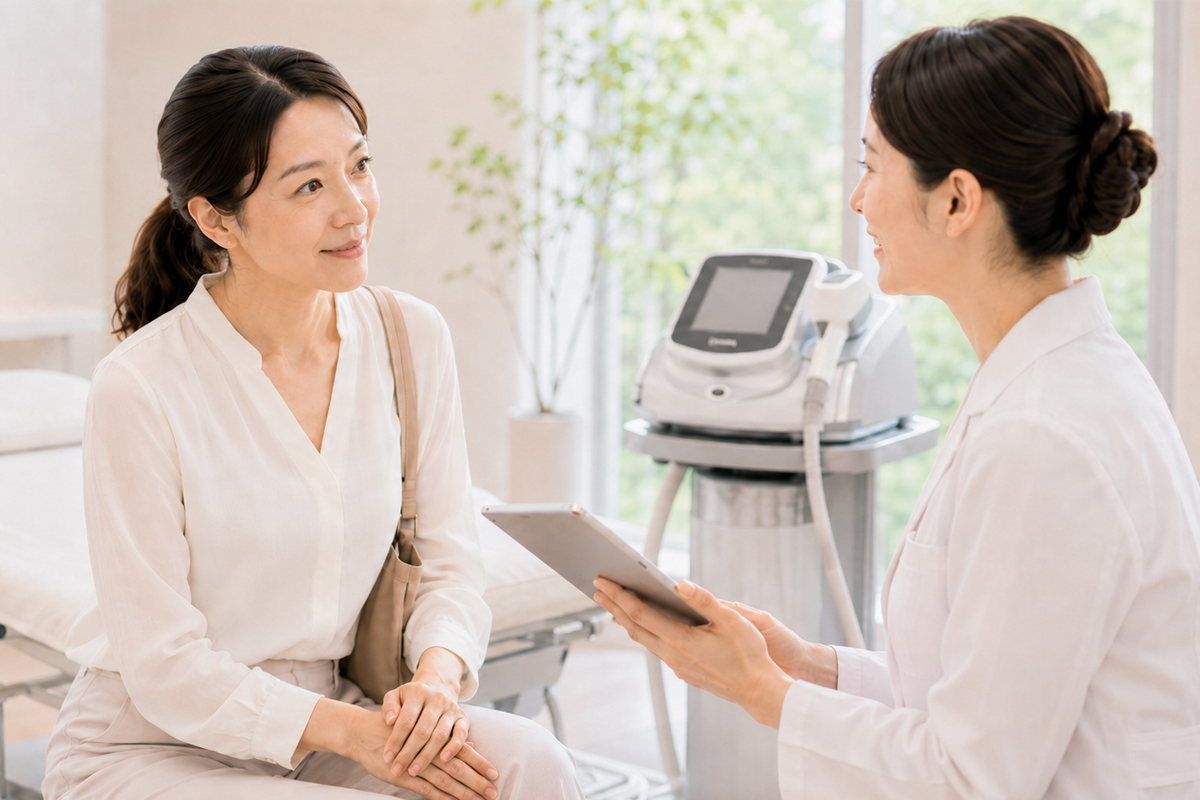 白を基調とした明るいクリニック内で、女性が医師と目線を合わせながら相談している。