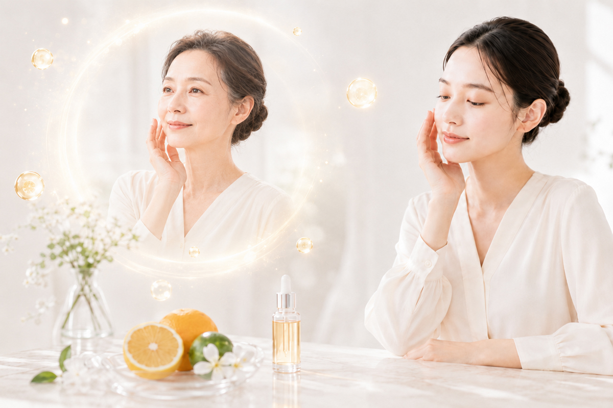 白く明るい空間で、白いブラウスを着た女性が頬に手を添え、左側には20年後の自分を想像している。少し年齢を重ねながらも若々しい印象を保った女性の姿が淡く映り、ビタミンCのアンチエイジング効果をイメージしている。