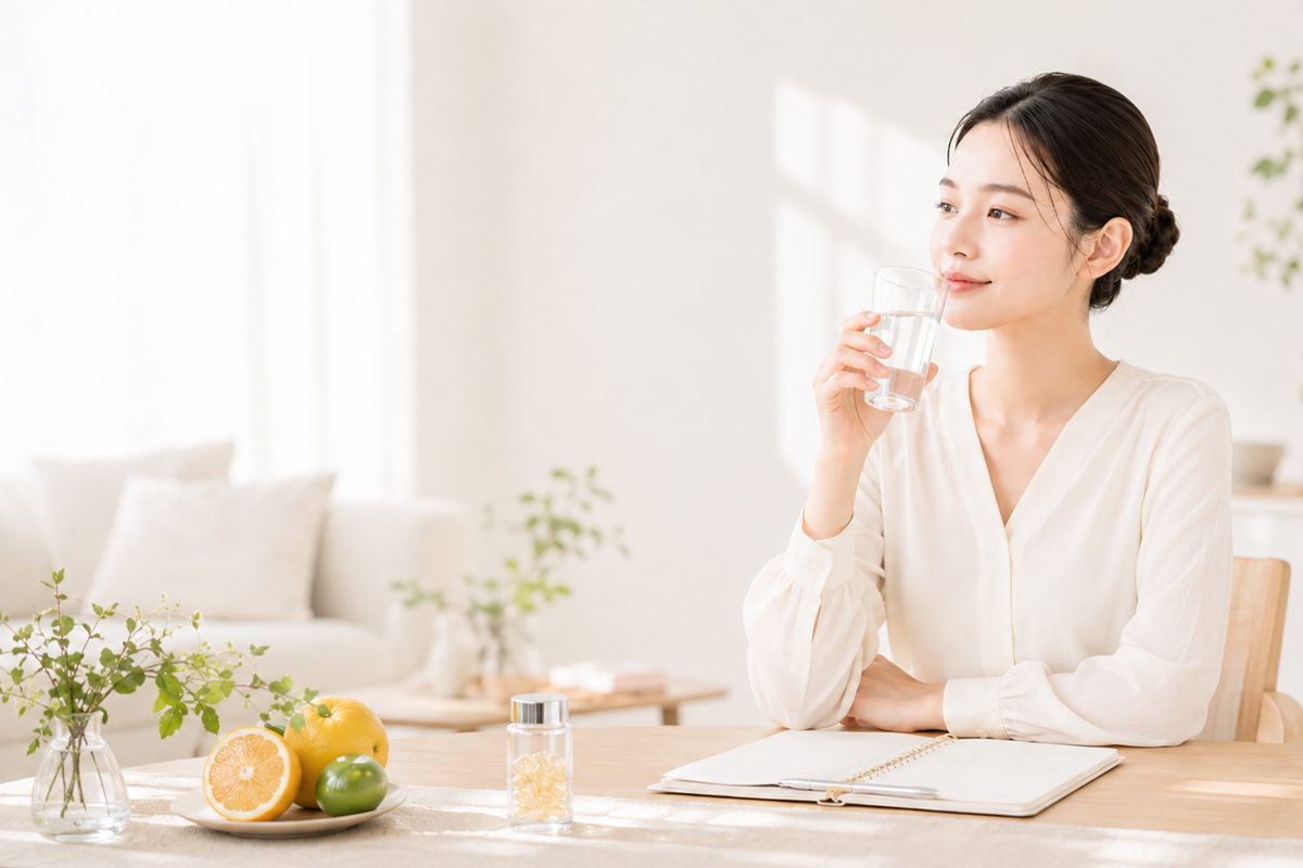 自然光が入る明るい自宅のリビングで、白いブラウスを着た女性が水の入ったグラスを手に持ち、穏やかに過ごしている。