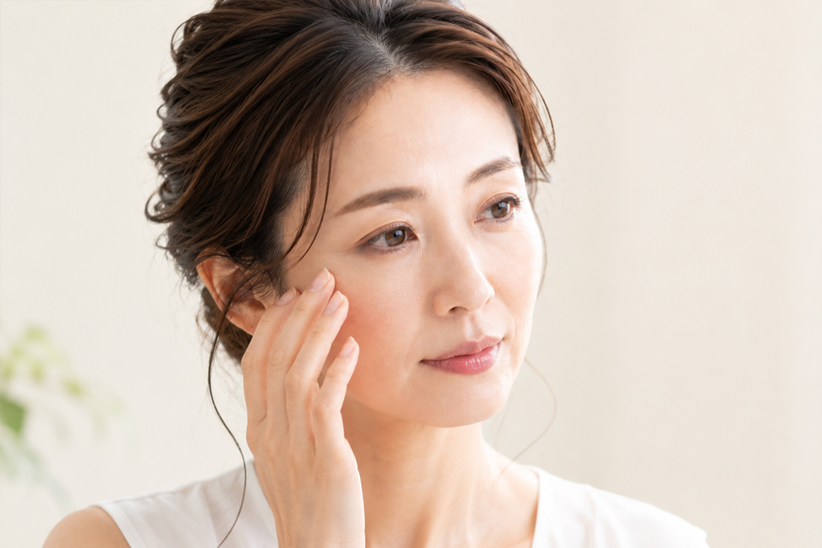 顔のシワの種類や原因を確認するように頬へ手を添える40代の日本人女性。