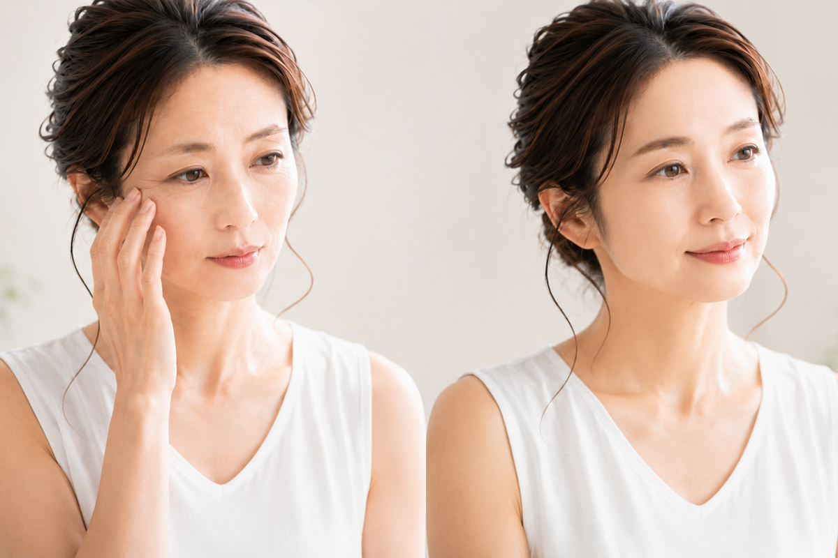 左で目元や頬のシワを気にし、右で自然な肌印象を見せる40代の日本人女性の比較イメージ。