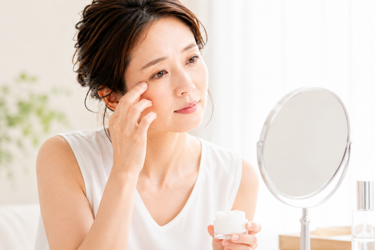 鏡を見ながら目元にクリームをなじませる40代の日本人女性のセルフケア風景。