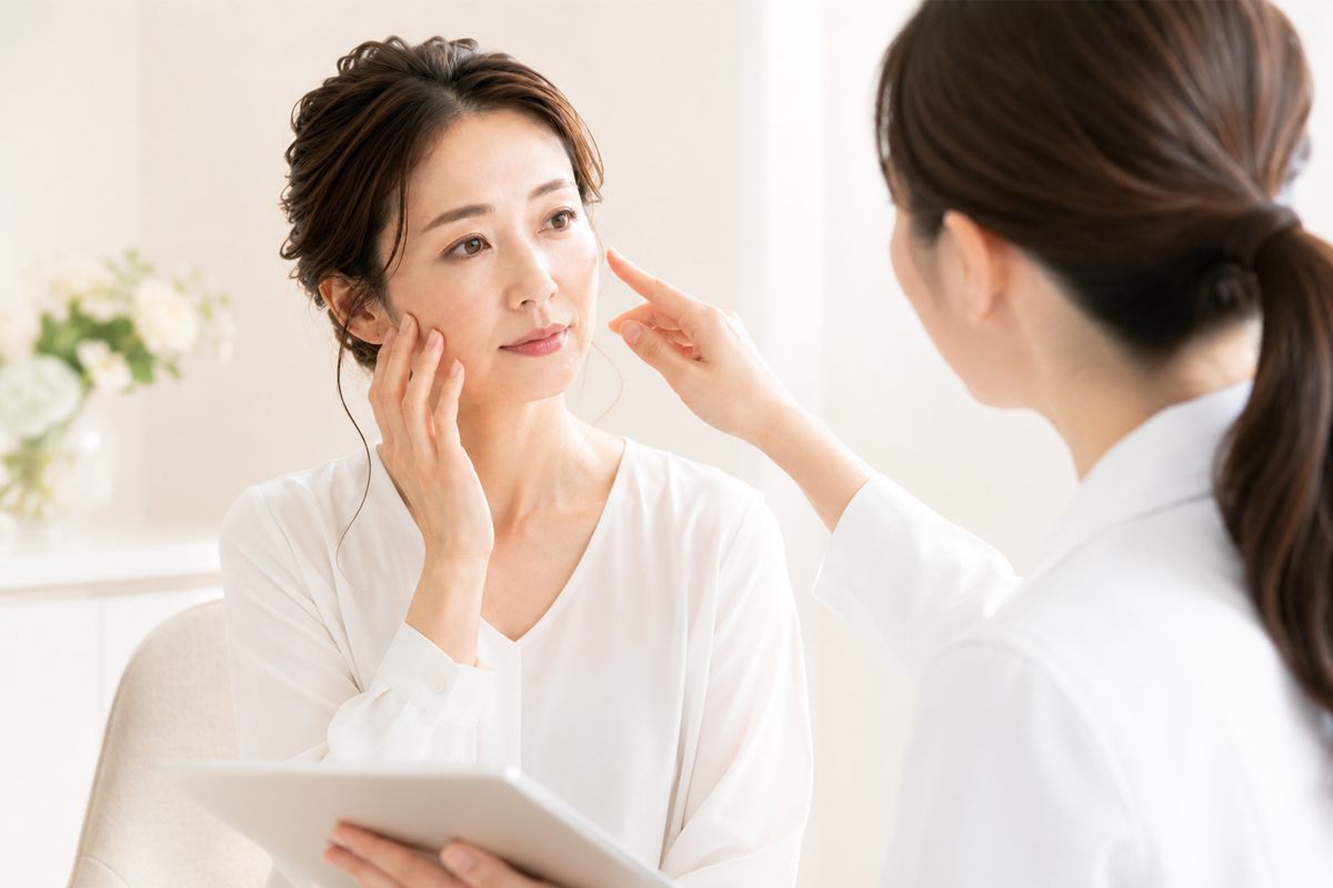 顔のシワについて医師から説明を受け、頬に手を添えながら相談する40代の日本人女性。