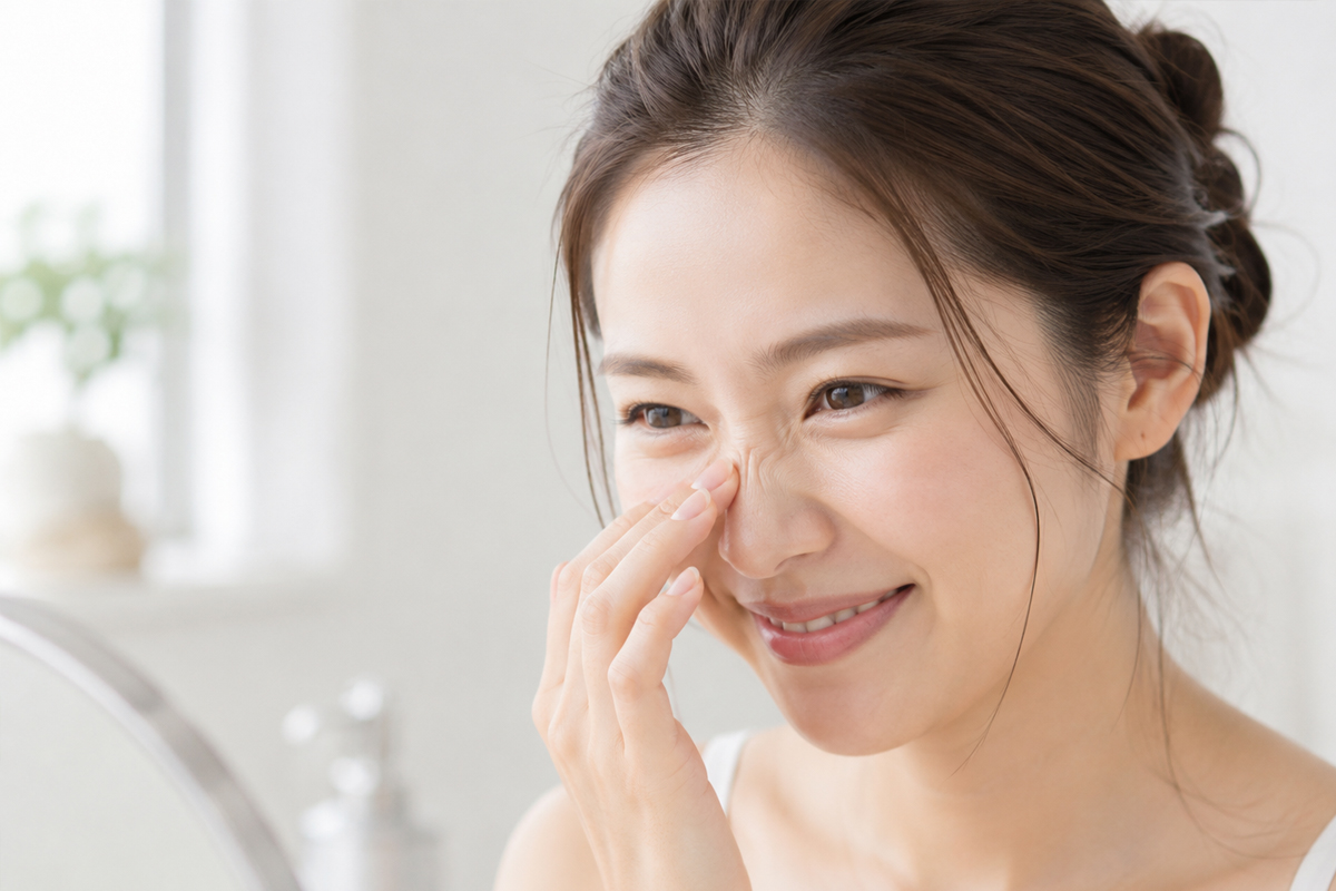 白いトップスを着た女性が、明るい洗面スペースで鏡を見ながら微笑み、鼻の付け根に軽く手を添えてしわを確認している。
