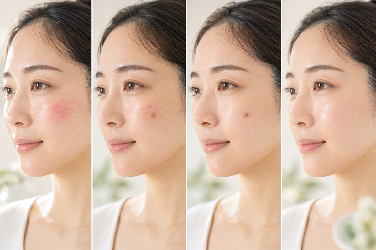 同じ女性の横顔が4枚並び、頬の赤み、色の濃いシミ、薄いかさぶた、回復後のなめらかな肌へと変化する様子を、明るく清潔感のある背景で示している。
