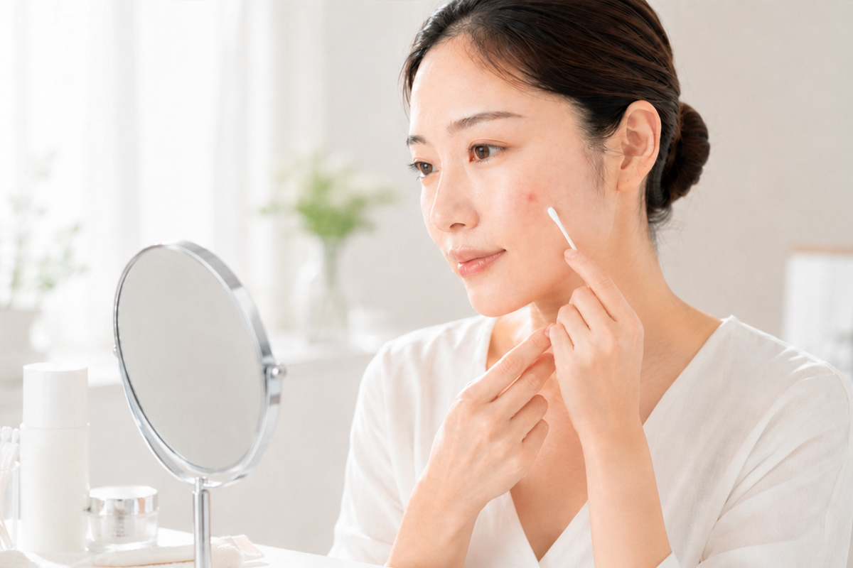白いトップスを着た女性が、明るい自宅の洗面台で鏡を見ながら、頬の赤みのある部分に綿棒を使ってやさしくケアをしている。