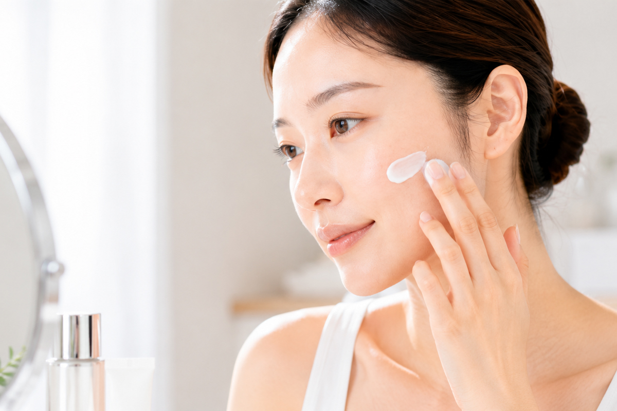 白いトップスを着た女性が、明るい室内で鏡を見ながら、頬のケア部分に白いクリームをやさしく塗っている様子を近くから写した画像。