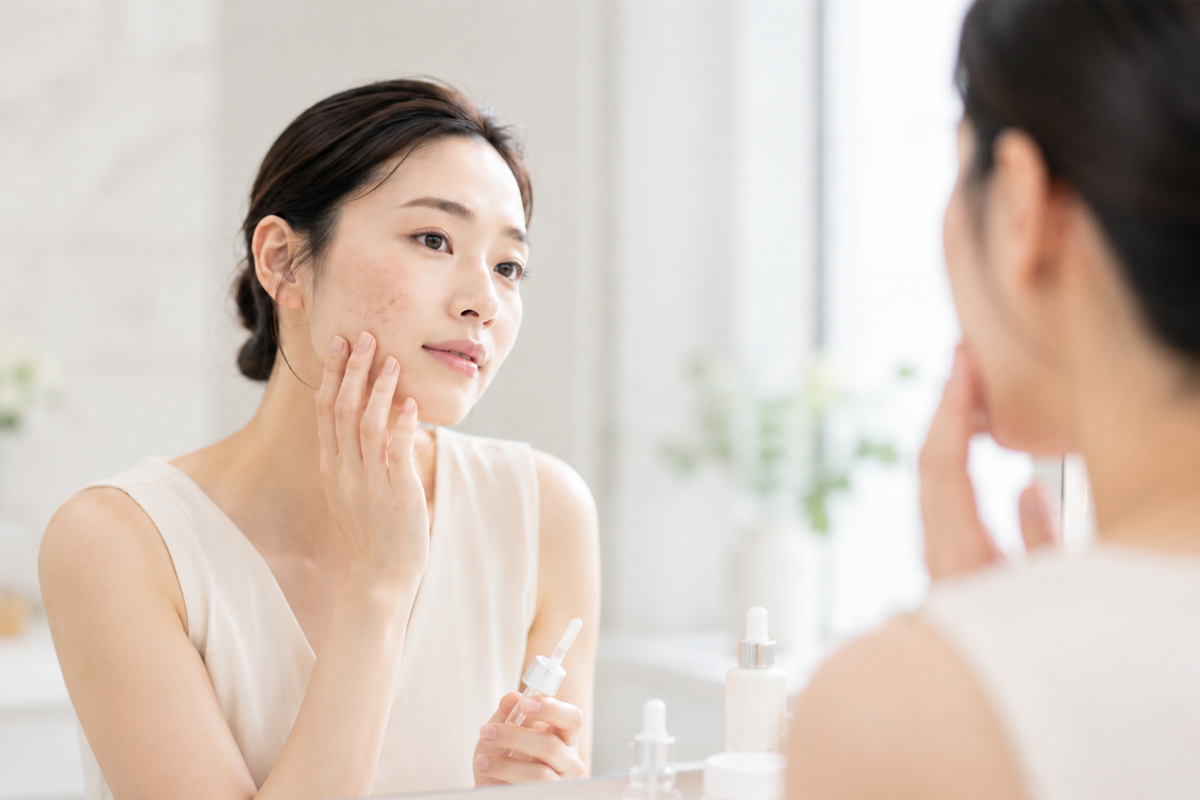 白いノースリーブのトップスを着た女性が、明るい洗面台の前で鏡を見ながら頬に手を添え、反対の手でスポイト状のスキンケア用品を持っている。