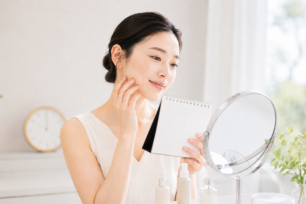 白いノースリーブのトップスを着た女性が、明るい洗面台の前で頬に手を添えながら、手に持ったカレンダーと鏡を見比べている。