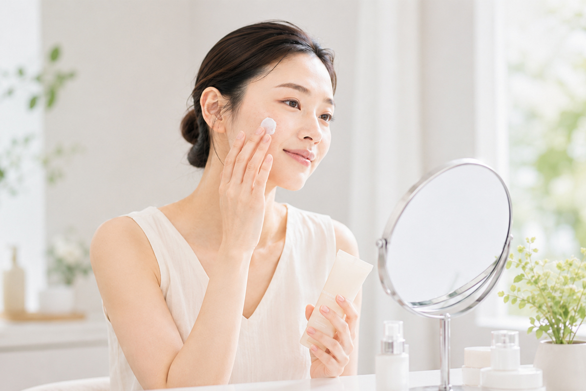 白いノースリーブのトップスを着た女性が、明るい洗面台の前で鏡を見ながら頬にクリームをやさしくなじませている。