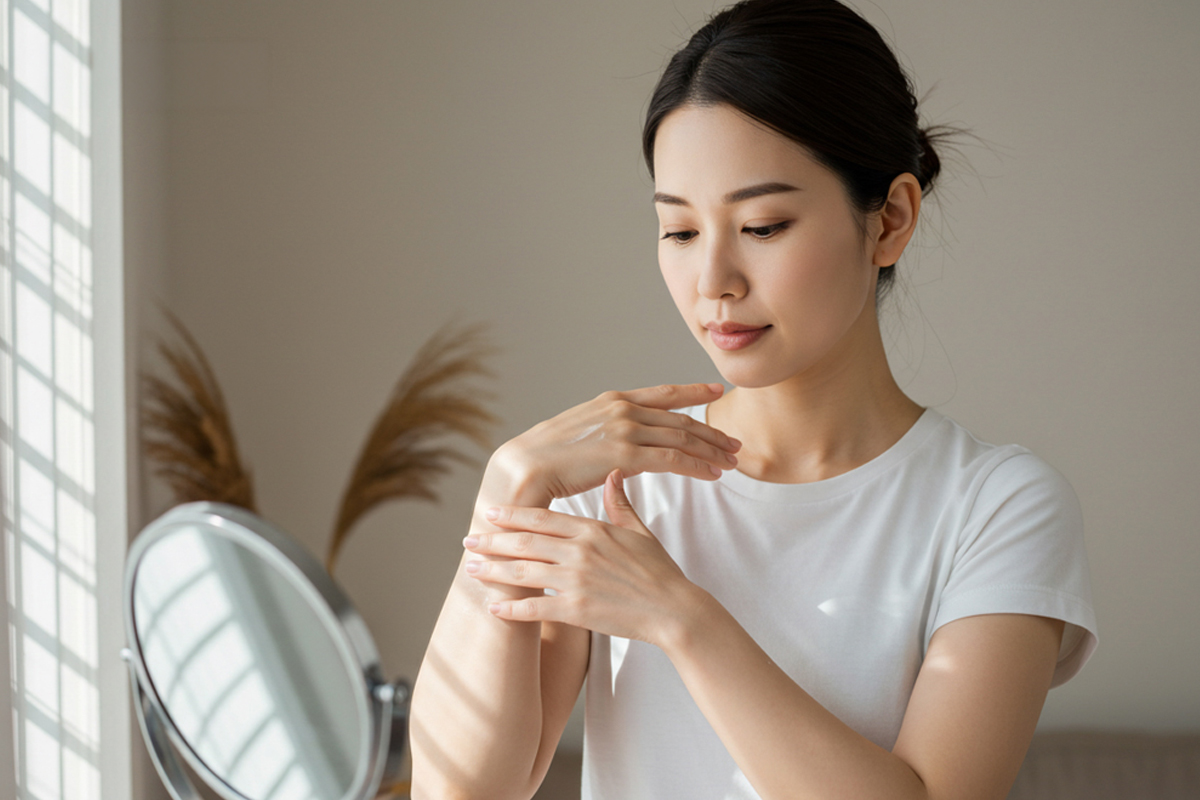 明るい室内で腕にできた色素沈着を確認している白い服を着た女性。
