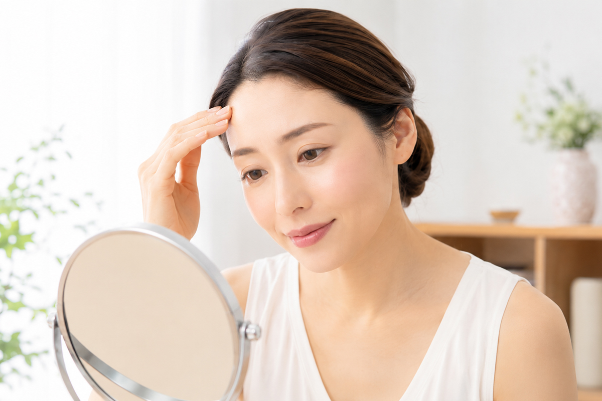 鏡の前に座った女性が、片手でおでこに触れながら、なめらかな肌の状態を確認している様子。