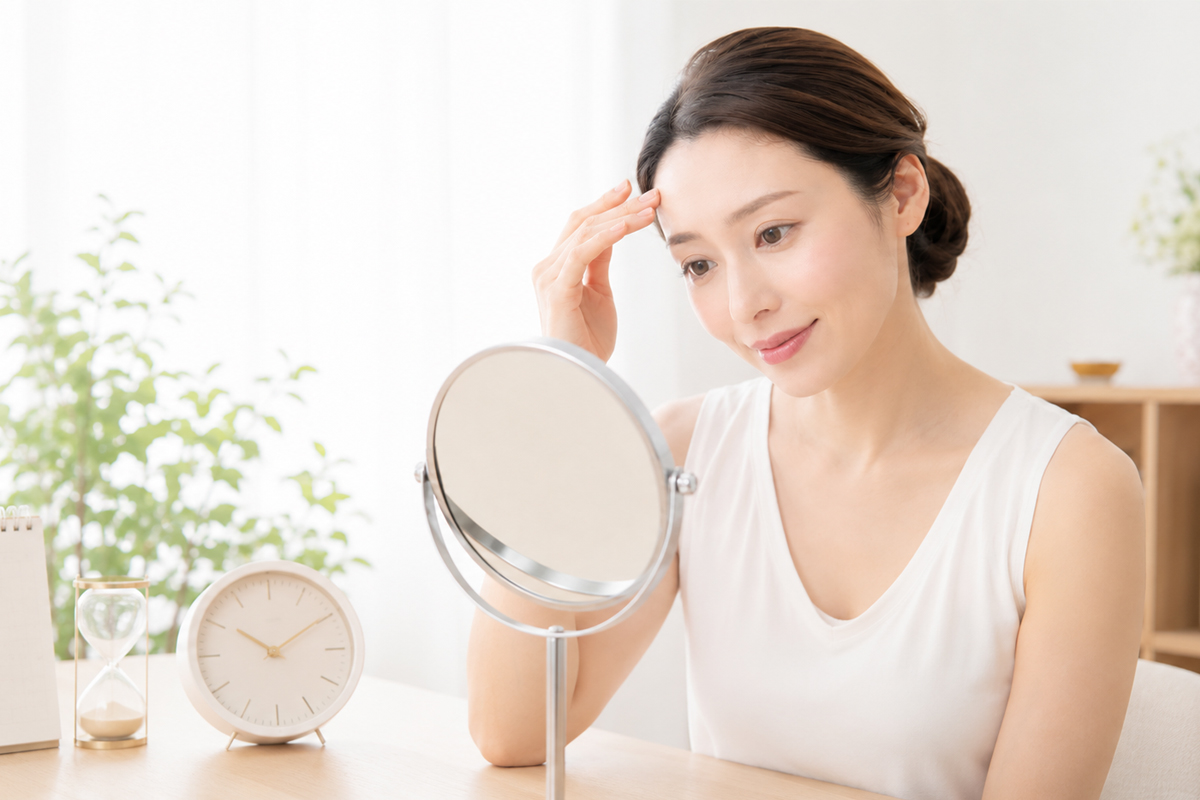 鏡の前に座った女性が、片手でおでこに触れながら肌の状態を確認している様子。テーブルの上には置き時計や砂時計、カレンダーが並んでいる。