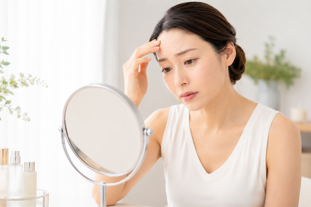 鏡の前に座った女性が、片手でおでこに触れながら不安そうな表情で肌の状態を確認している。
