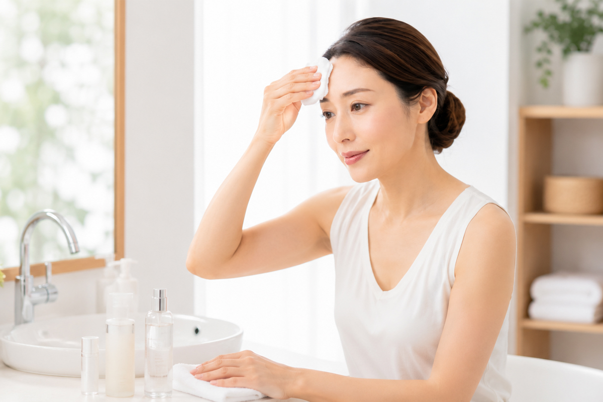 明るい洗面スペースで、女性がコットンをおでこにやさしく当てながら肌の状態を確認している。