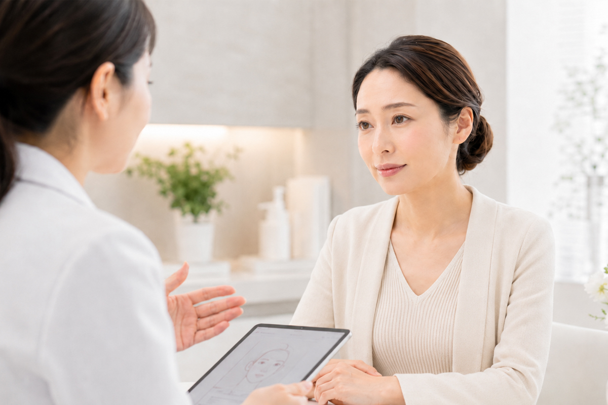 美容クリニックのカウンセリングルームで、女性が医師の説明を聞いている。