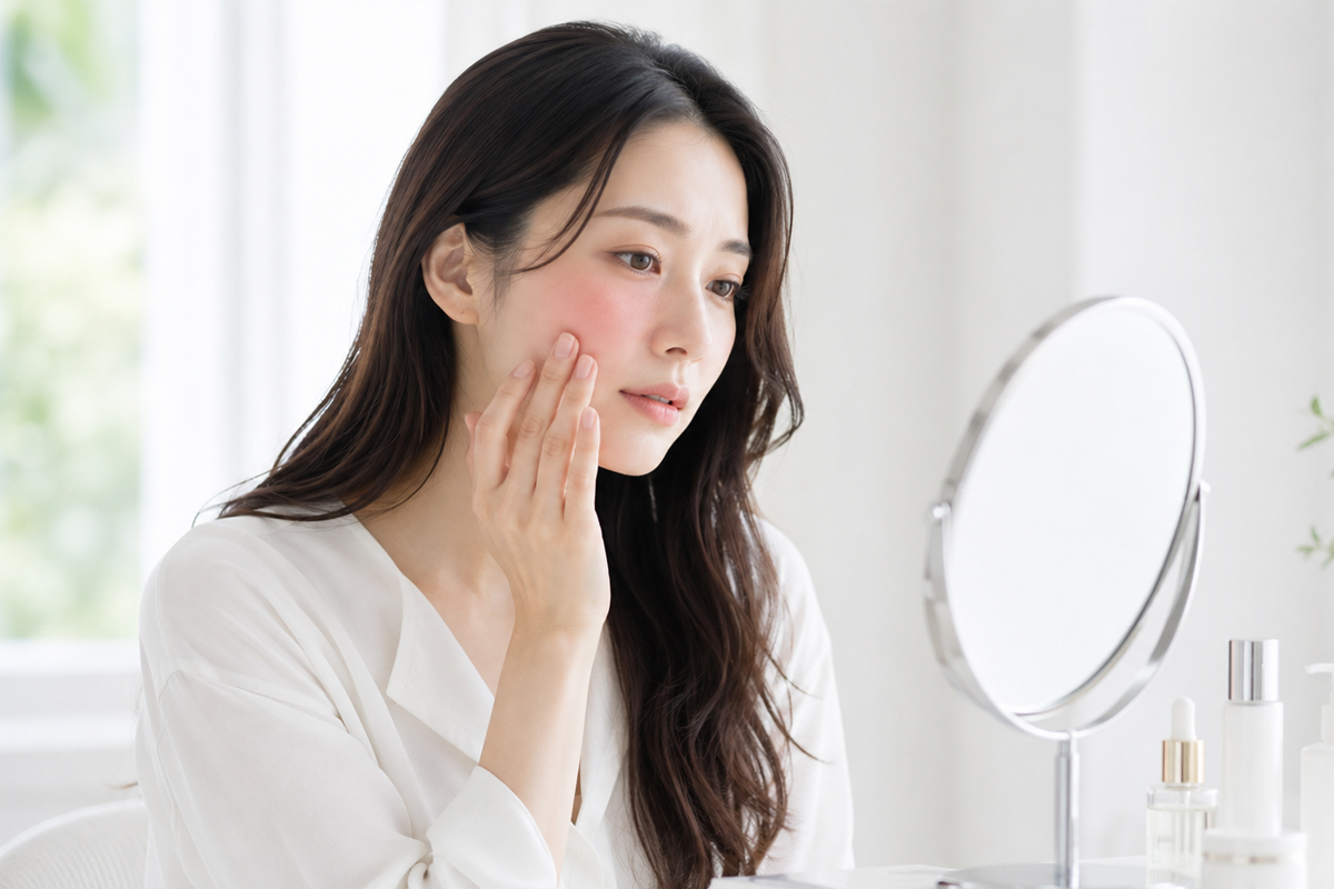 白いブラウスを着た長い暗髪の女性が、明るい白系の洗面スペースで頬に手を添え、肌の赤みを確認している。