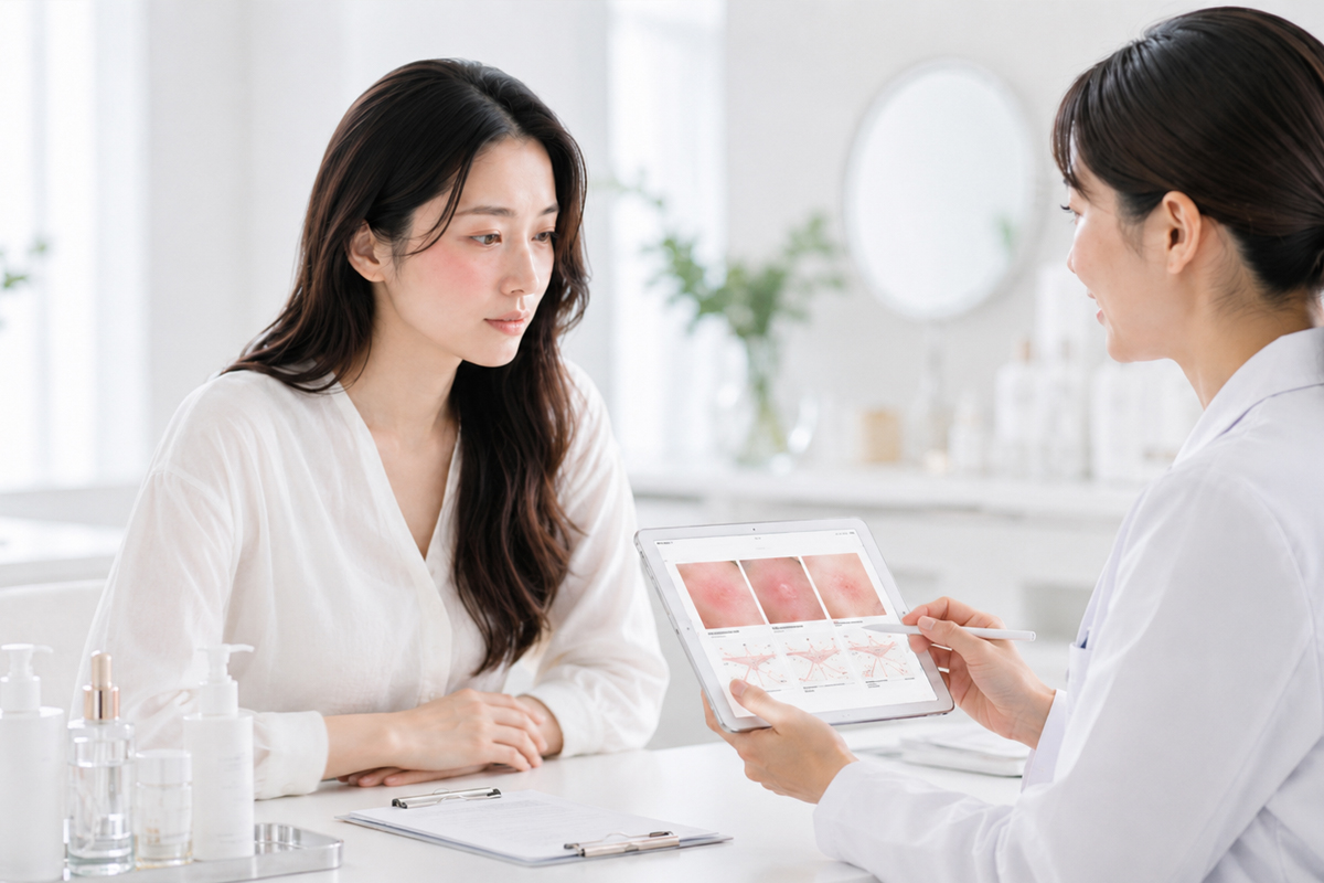 白いブラウスを着た長い暗髪の女性が、白衣の医師と向かい合ってテーブルに座り、タブレットに表示された肌の画像を見ながら説明を受けている。