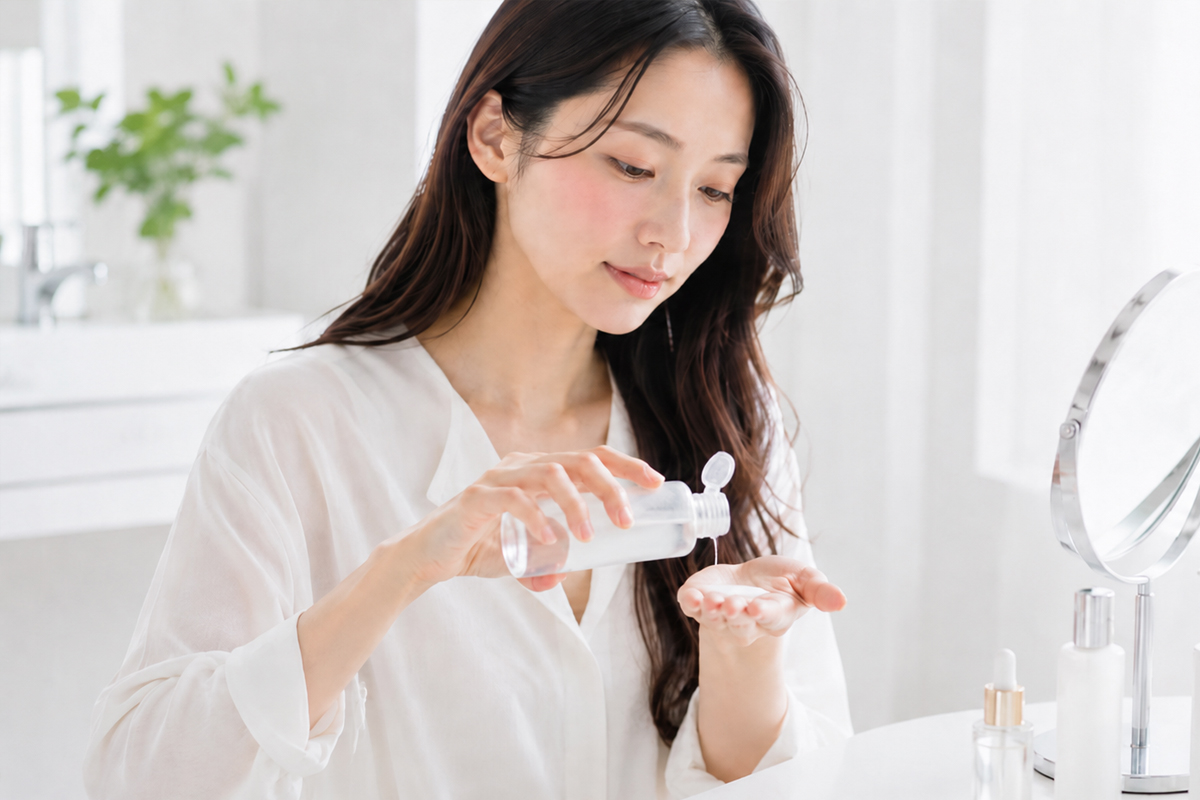 白いブラウスを着た長い暗髪の女性が、明るい白系の洗面スペースで手のひらに化粧水を出している。