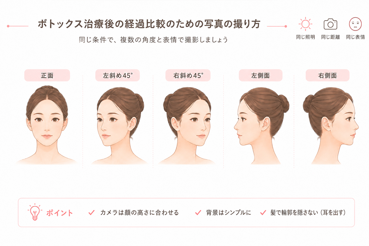 エラボトックス後の経過を比べるため、女性の正面、左右斜め45度、左右側面の5方向を、同じ照明・距離・表情で撮影する方法を示したイラスト。
